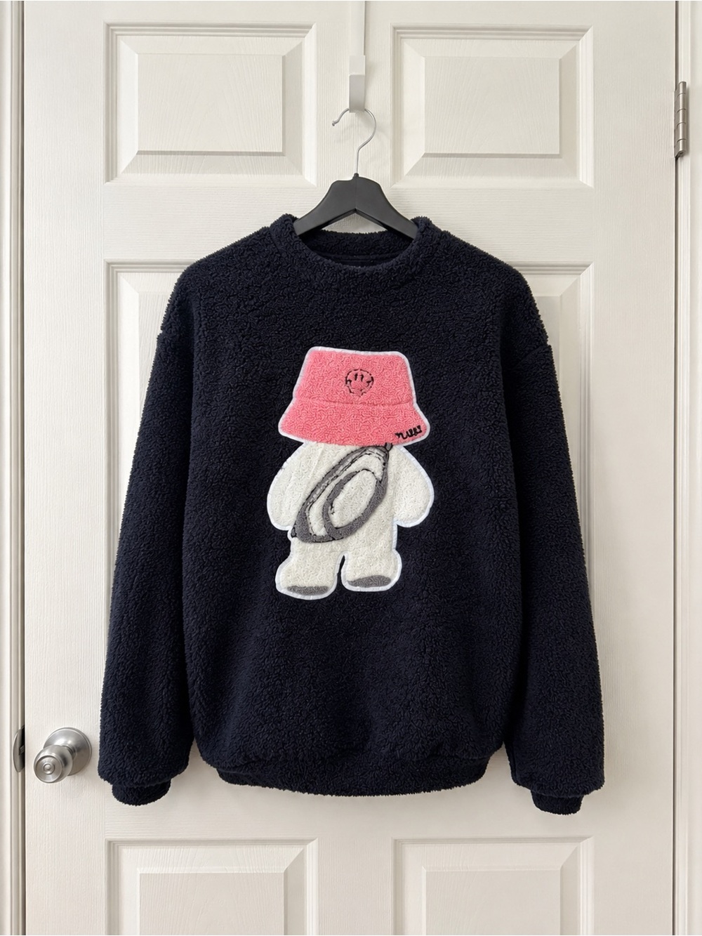 drew house Fleece Crewneck with Pink Bucket Hat Graphic